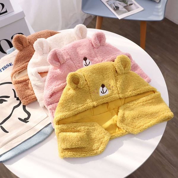 1-4 winter autumn and children's warm pullover year old cartoon bear baotou scarf integrated hat set ear protection gzm1, Red;brown